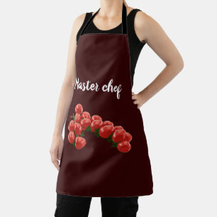 Fresh cherry tomatoes on a branch with text apron