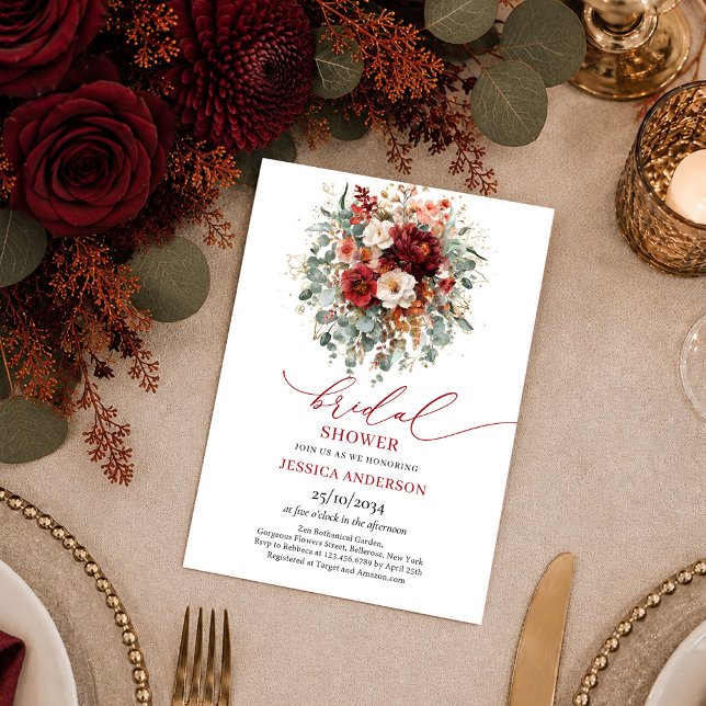 Fresh Chic Green Gold Boho Bridal Shower Invites (Elegant Burgundy Gold Floral autumn bridal shower invitation

)