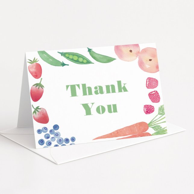Fresh Colourful Fruits Farmers Market Baby Shower Thank You Card (Gender neutral Farmers Market thank you card design with border of watercolor fruits and vegetables)
