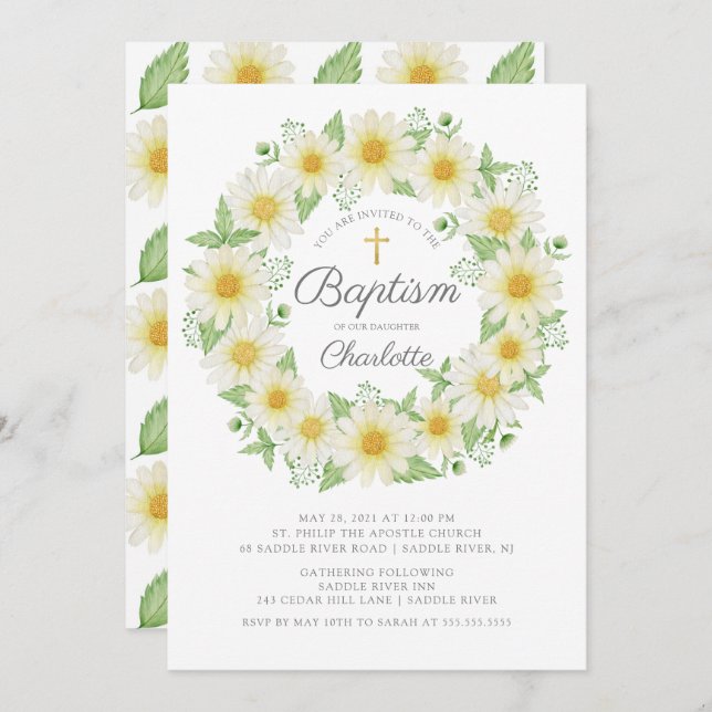 Fresh Daisy Floral Girls Baptism Invitation (Front/Back)