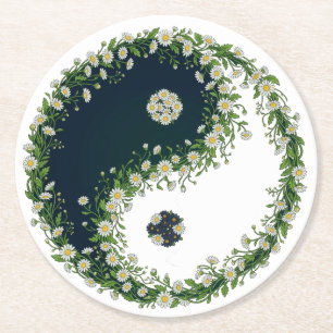 Fresh Daisy Floral Harmony Yin Yang Round Paper Coaster