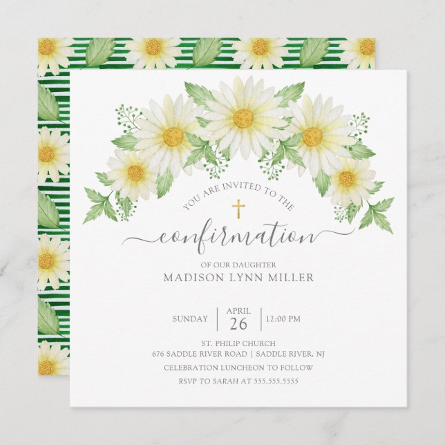 Fresh Daisy Rose Floral Confirmation Invitation (Front/Back)