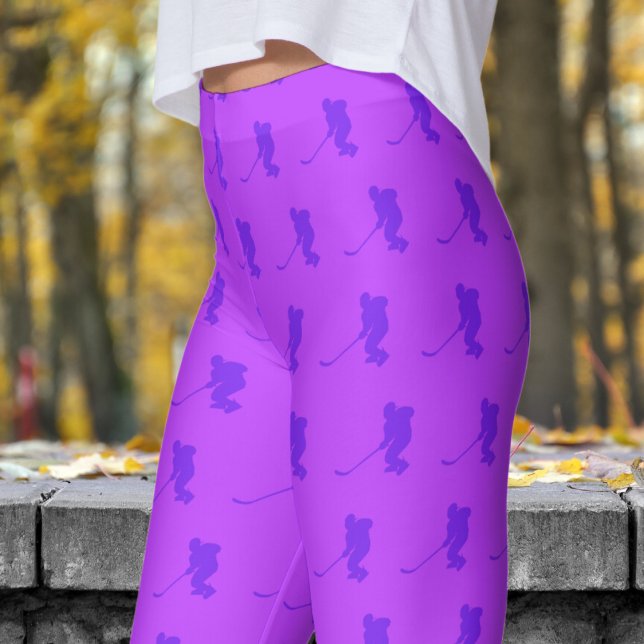 Fresh Dark Orchid Womens Ice Hockey Pattern Leggings (Womens Ice Hockey on Dark Orchid Leggings)
