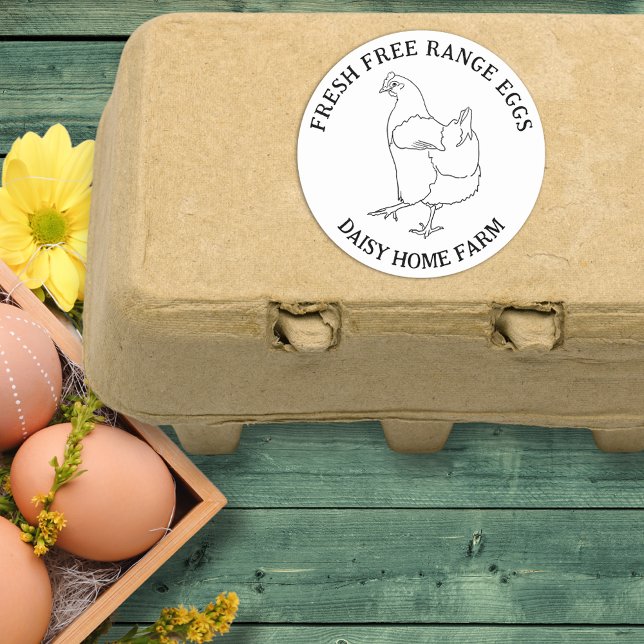 Fresh eggs business classic round sticker (Fresh free range chicken eggs custom sticker with simple hen line drawing )