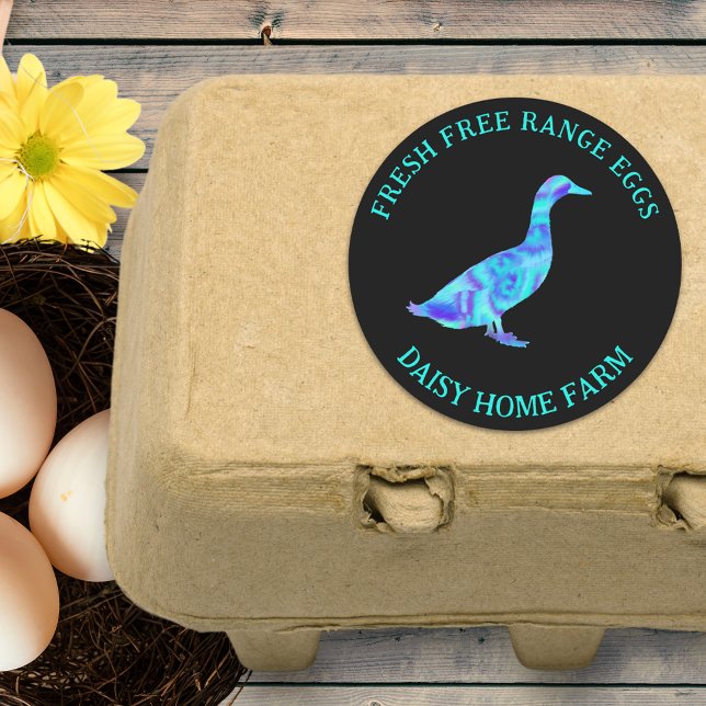 Fresh Eggs Modern Business Classic Round Sticker (Fresh free range duck eggs custom business stickers with bold colorful watercolor duck art)