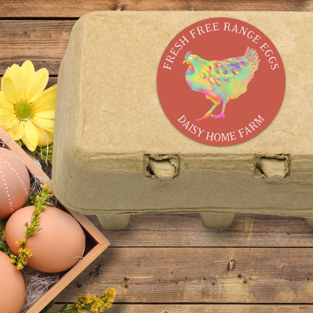 Fresh Eggs Watercolor Chicken Business Classic Round Sticker (Fresh free range chicken egg box stickers with business name and cute colorful hen illustration )