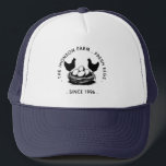 Fresh Eggs Your Name Chicken Hens Egg Stamp Trucker Hat<br><div class="desc">Show off your farm pride in style with this charming “Fresh Eggs” custom hat, perfect for farmers, homesteaders, or anyone who loves their backyard hens! Featuring a cute rustic design with clucking chickens and the phrase “Fresh Eggs, ” this hat is fully customisable with your farm name or family name...</div>