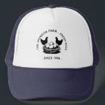 Fresh Eggs Your Name Chicken Hens Egg Stamp Trucker Hat<br><div class="desc">Show off your farm pride in style with this charming “Fresh Eggs” custom hat, perfect for farmers, homesteaders, or anyone who loves their backyard hens! Featuring a cute rustic design with clucking chickens and the phrase “Fresh Eggs, ” this hat is fully customisable with your farm name or family name...</div>