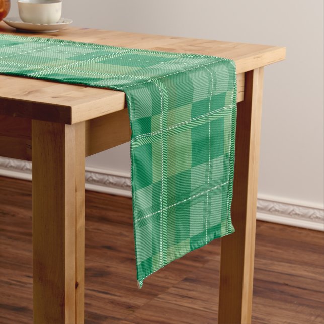 Fresh Emerald Sage Plaid Aesthetic Short Table Runner (In Situ)