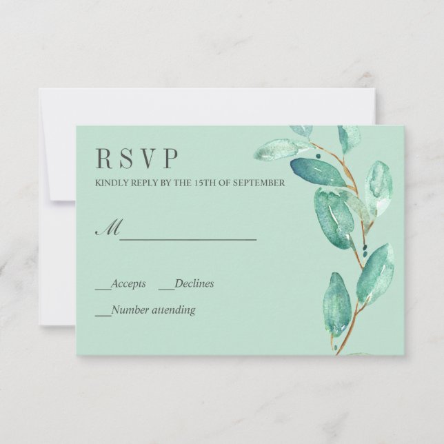 Fresh Eucalyptus Aqua Leaves Wedding RSVP Card (Front)