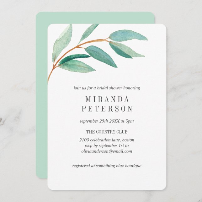 Fresh Eucalyptus Branch Leaves Bridal Shower Invitation (Front/Back)