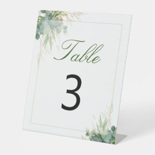 Fresh Eucalyptus Gold Leaf Geometric Table Number Pedestal Sign