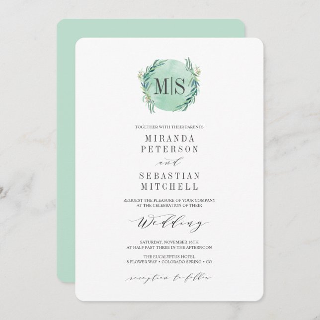 Fresh Eucalyptus Monogram Botanical Wedding Invitation (Front/Back)