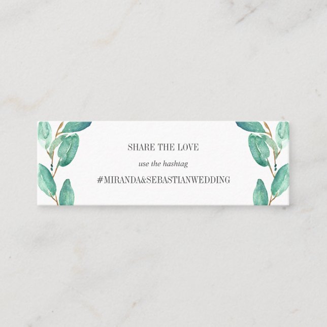 Fresh Eucalytpus leaves Wedding Hashtag Mini Business Card (Front)