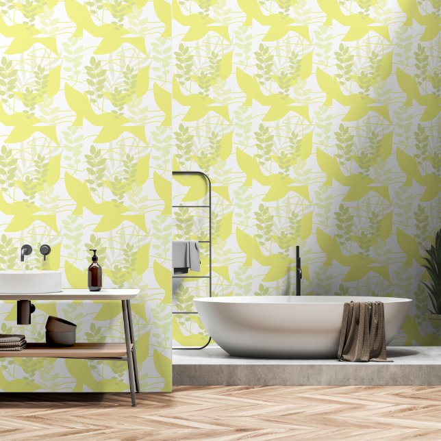 Fresh Exotic Yellow Green Botanical Abstract Wallpaper (Bathroom)