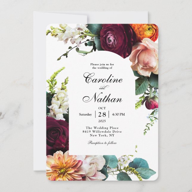 Fresh Fall Arched Frame Floral Wedding Invitation (Front)