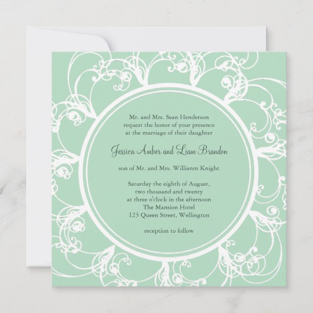 Fresh Floral Wedding Invitation in Mint Green (Front)