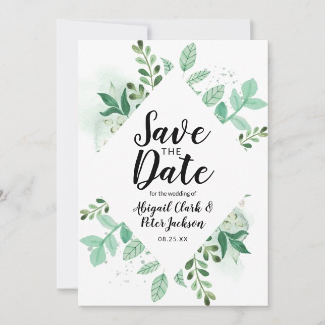 Fresh Foliage Botanical Mint Diamond Frame Chic Save The Date (Front)