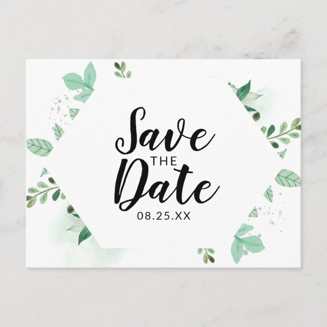 Fresh Foliage Botanical Mint Hexagon Save the Date Announcement Postcard (Front)