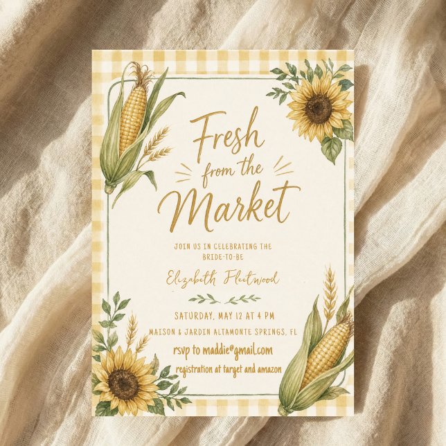 Fresh from the Market Sunflower Corn Gingham Invitation (Creator Uploaded)