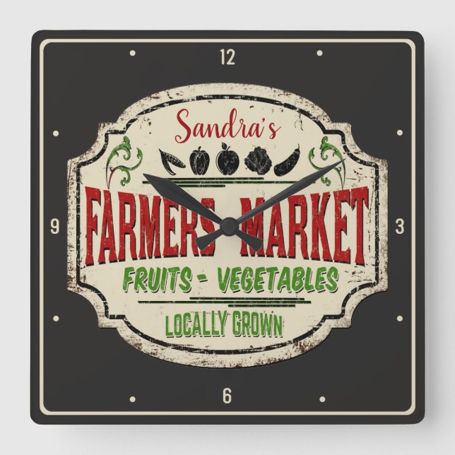 Fresh Garden ADD NAME Locally Grown Farmers Market Square Wall Clock (Front)