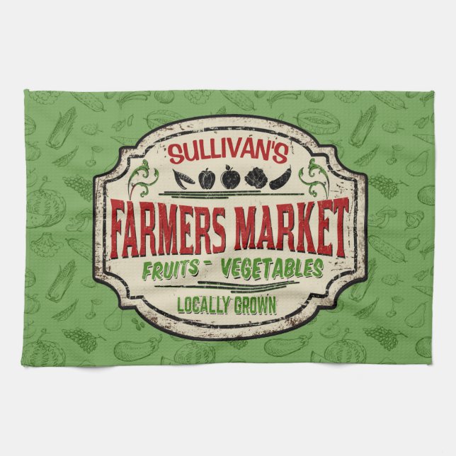 Fresh Garden ADD NAME Locally Grown Farmers Market Tea Towel (Horizontal)