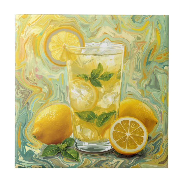 Fresh Glass of Lemonade and Lemons Abstract Art  Tile (Front)
