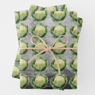 Fresh Green Cabbage Pattern on Rustic Metal Wrapping Paper Sheet