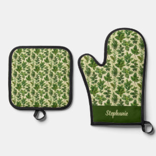 Fresh Green Herbs Kitchen Oven Mitt & Pot Holder Set