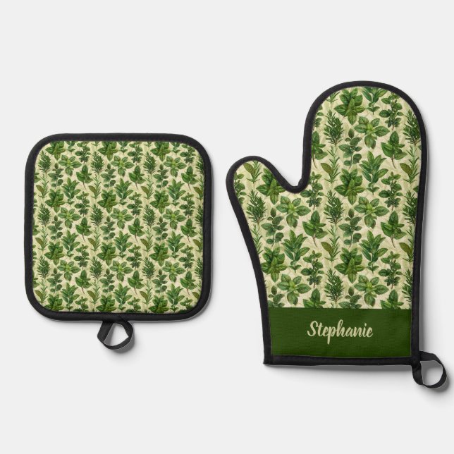 Fresh Green Herbs Kitchen Oven Mitt & Pot Holder Set (Front)