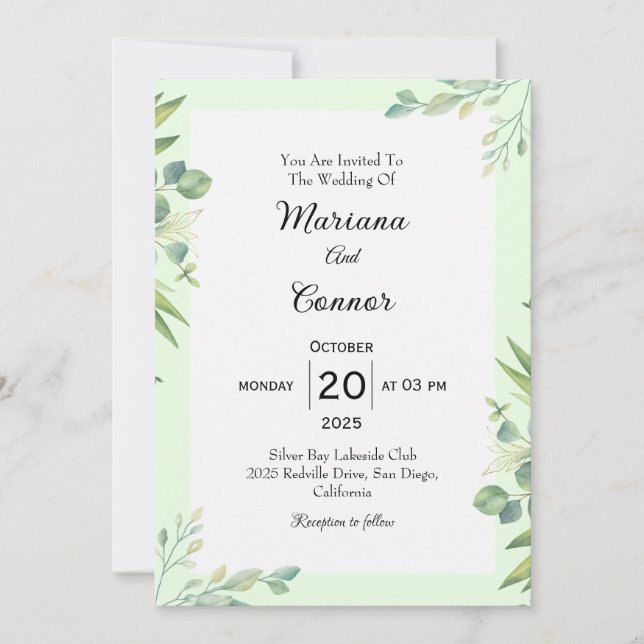 Fresh Green White Border Wedding Invitation (Front)