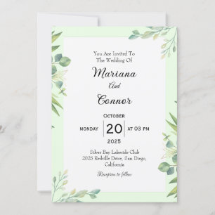 Fresh Green White Border Wedding Invitation