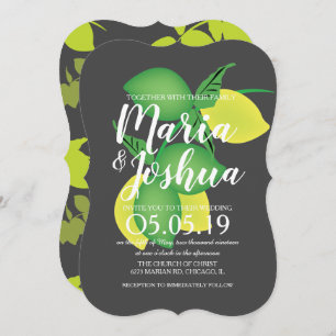 Fresh Green Yellow Lemon Silo Pattern Grey Wedding Invitation