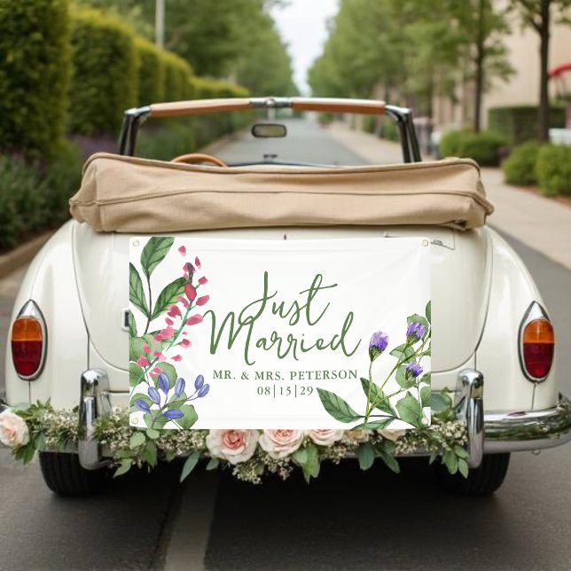 Fresh Greenery Just Married Car Banner (Creator Uploaded)