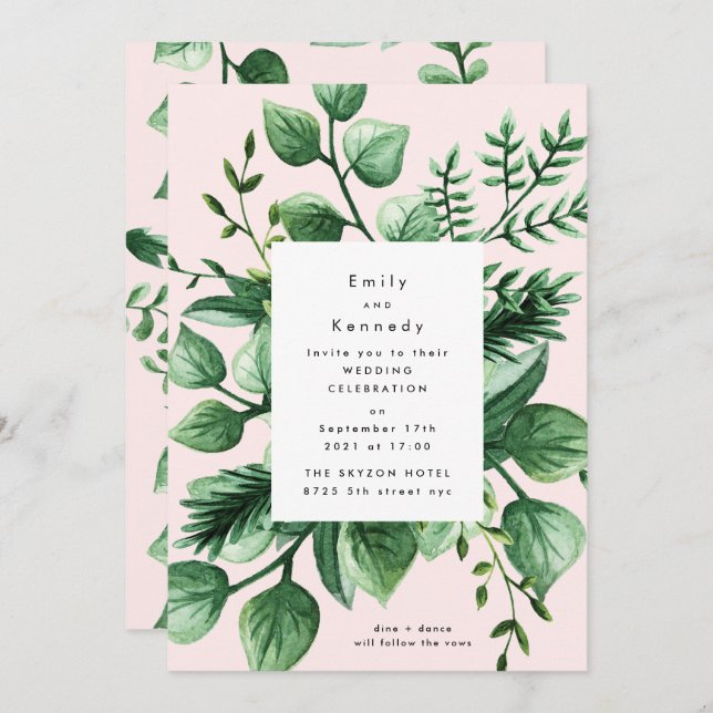 Fresh Greenery Leafy Modern White and Pink Wedding Invitation (Front/Back)
