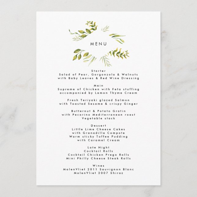 Fresh Greenery Leafy Plants Wedding Menu (Front)