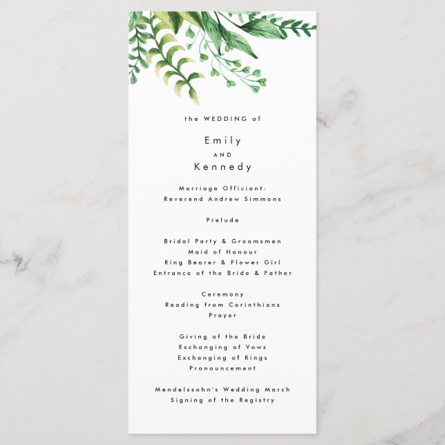 Fresh Greenery Leafy Plants Wedding Program Programme (Front)