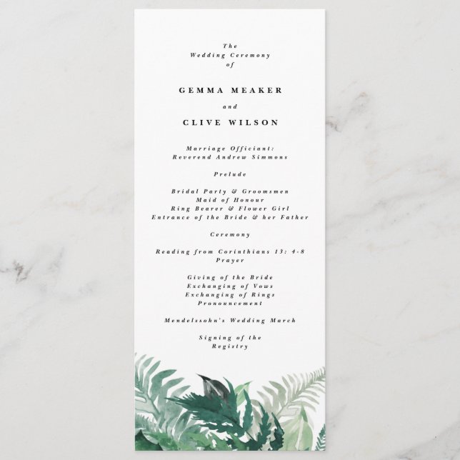 Fresh Greenery Modern Watercolor Wedding Programme (Front)