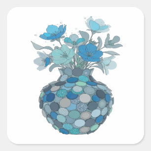 Fresh Grey BLUE FLORAL VASE Decal Art Square Sticker