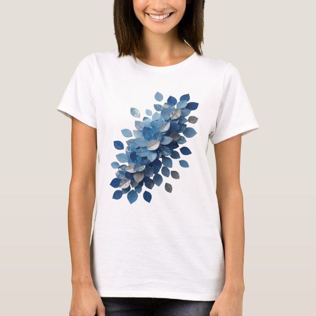 Fresh Grey BLUE LEAVES 3D Text Art T-Shirt (Front)