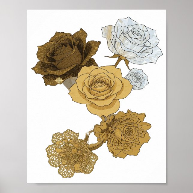 Fresh Grey GOLDEN ROSES 3D Text Art Poster (Front)