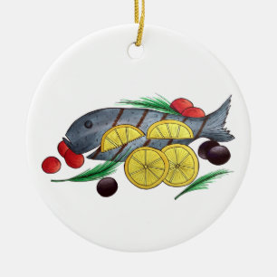 Fresh Grilled Fish Greek Mediterranean Seafood Ceramic Tree Decoration