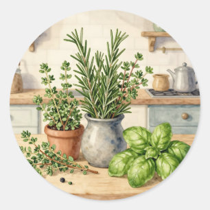 Fresh Kitchen Herbs Watercolor  Classic Round Sticker