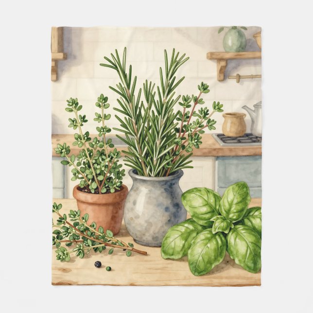 Fresh Kitchen Herbs Watercolor  Fleece Blanket (Front)