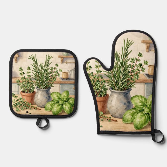Fresh Kitchen Herbs Watercolor  Oven Mitt & Pot Holder Set (Front)