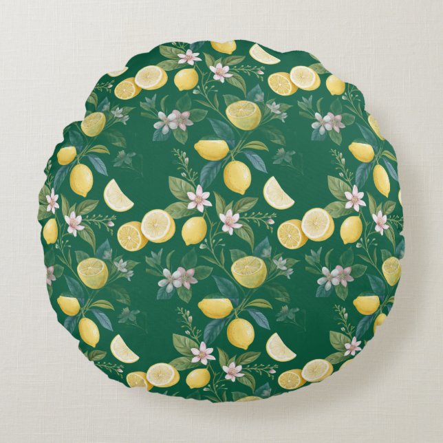 Fresh Lemon Floral Botanical Pattern  Round Cushion (Front)