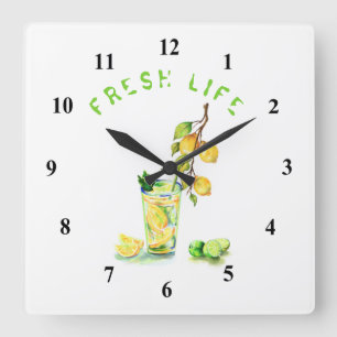 Fresh Lemon Juice Cool Drink Lemonade Summer Party Square Wall Clock
