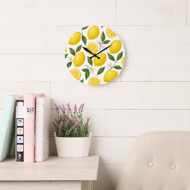 Fresh Lemon Pattern with Leaves & Blossoms Large Clock (Reading Room)
