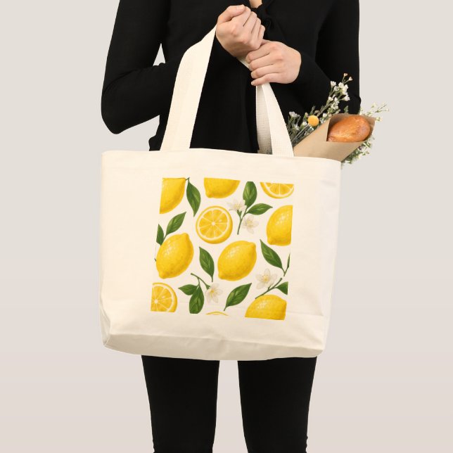 Fresh Lemon Pattern with Leaves & Blossoms  Large Tote Bag (Front (Product))