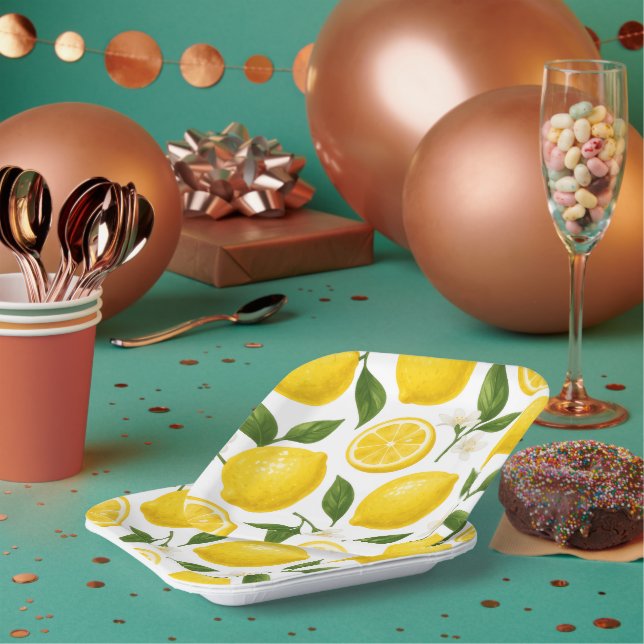 Fresh Lemon Pattern with Leaves & Blossoms  Paper Plate (Multi)